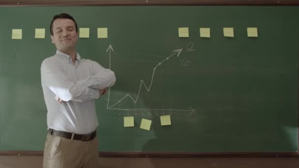 Slow Motion Male Professor Arms Crossed Smiling Front Blackboard College — Vídeos de Stock