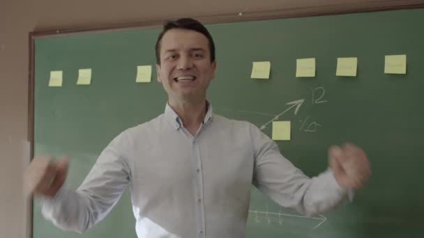 Male Teacher Standing Front Chalkboard Glued Notes Chalked Math Formulas — Stock videók