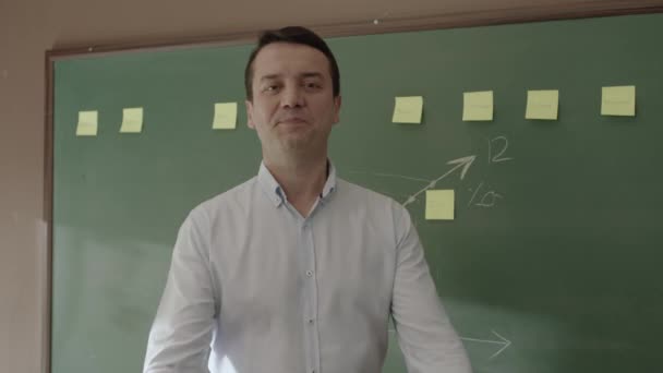 Male Teacher Standing Front Chalkboard Glued Notes Chalked Math Formulas — Vídeos de Stock