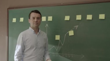 Male teacher standing in front of chalkboard with glued notes and chalked math formulas, smiling at camera. Online classroom concept.Portrait of teacher or business person giving seminar.