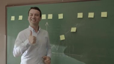 Male teacher standing in front of blackboard with glued notes and chalked math formulas, smiling at camera and happy that her students are succeeding. Successful school or teacher concept.