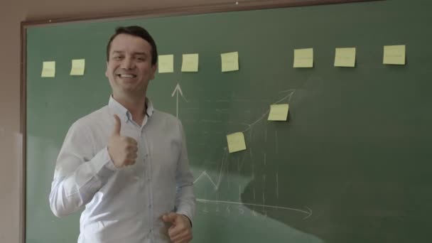 Male Teacher Standing Front Blackboard Glued Notes Chalked Math Formulas — Vídeos de Stock