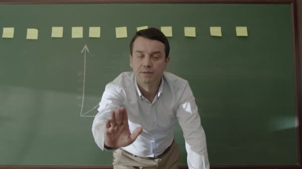 Male Teacher Standing Front Blackboard Glued Notes Chalk Drawn Math — 비디오