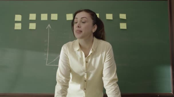 Female Teacher Standing Front Blackboard Pasted Notes Chalk Drawn Math — Vídeo de stock