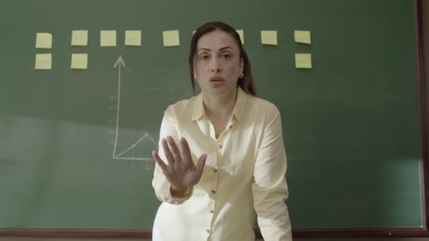 Female Teacher Standing Front Blackboard Pasted Notes Chalk Drawn Math — Vídeos de Stock