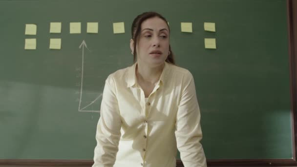 Female Teacher Standing Front Blackboard Pasted Notes Chalk Drawn Math — Stock video