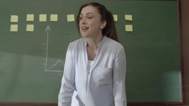 Female Teacher Standing Front Blackboard Pasted Notes Chalk Drawn Math — Stockvideo