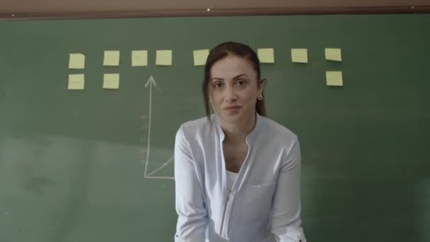 女教师站在黑板前 带着粘贴的笔记和粉笔画的数学公式 微笑着看着相机 看着广告空间 在线课程 成功的学校或教师概念 — 图库视频影像