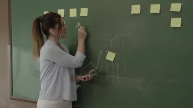Female teacher explaining math to students in front of blackboard with chalk notes and math formulas. She tries her best to help her students succeed in their future lives.