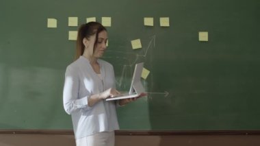 Female teacher standing in front of blackboard with pasted notes and math formulas written in chalk, smiling at camera and typing on laptop in hand, pointing inside screen.