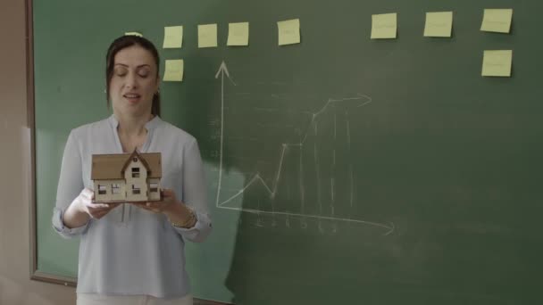 Жінка Ріелтор Пояснює Модель Будинку Команди Продажів Або Клієнтів Перед — стокове відео