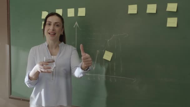 Female Teacher Explaining Math Students Front Blackboard Chalk Notes Math — Stock video
