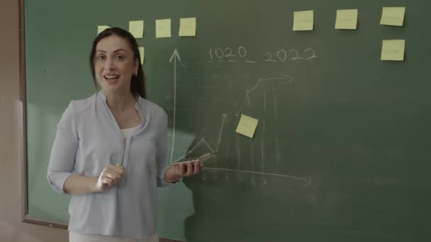 Female Teacher Explaining Math Students Front Blackboard Chalk Notes Math — Stock video