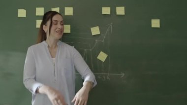 Female teacher standing in front of blackboard with pasted notes and chalked math formulas, smiling at camera and pointing at advertising space. Online class, successful school or teacher concept.