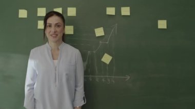 Elinde notlar ve tebeşirli matematik formülleriyle tahtaya oturmuş kameraya gülümseyen ve reklam alanına bakan kadın öğretmen. Çevrimiçi sınıf, başarılı okul veya öğretmen konsepti.