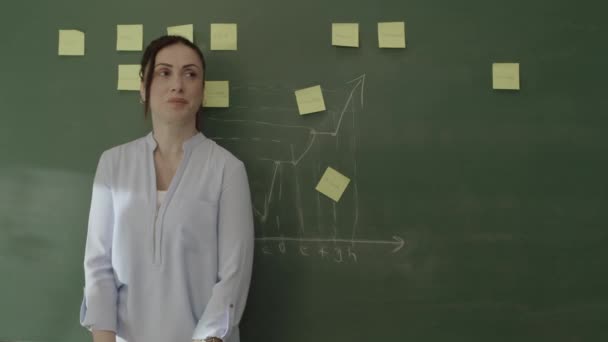 Female Teacher Standing Front Blackboard Pasted Notes Chalked Math Formulas — Video