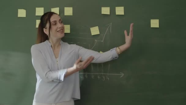 Female Teacher Standing Front Blackboard Pasted Notes Chalked Math Formulas — Αρχείο Βίντεο