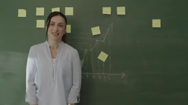 Profesora Pie Frente Pizarra Con Notas Pegadas Fórmulas Matemáticas Con — Vídeos de Stock
