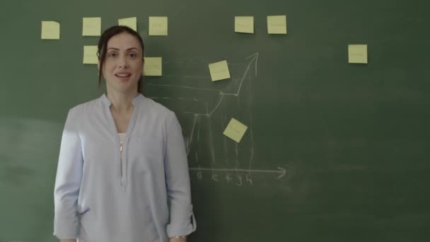 女教师站在黑板前 手里拿着贴好的笔记和粉笔画的数学公式 微笑着看着摄像机 指着广告空间 在线课程 成功的学校或教师概念 — 图库视频影像
