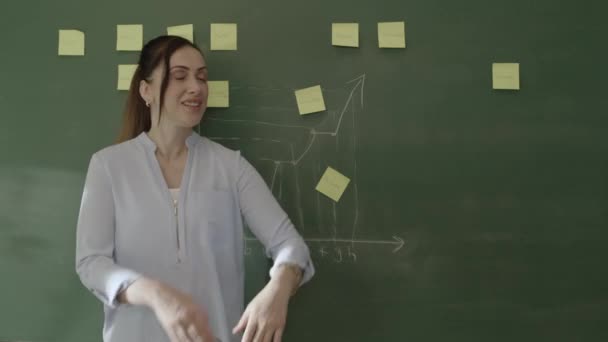 Female Teacher Standing Front Blackboard Pasted Notes Chalked Math Formulas — Vídeos de Stock