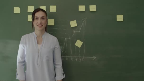 Female Teacher Standing Front Blackboard Pasted Notes Chalked Math Formulas — Stock video