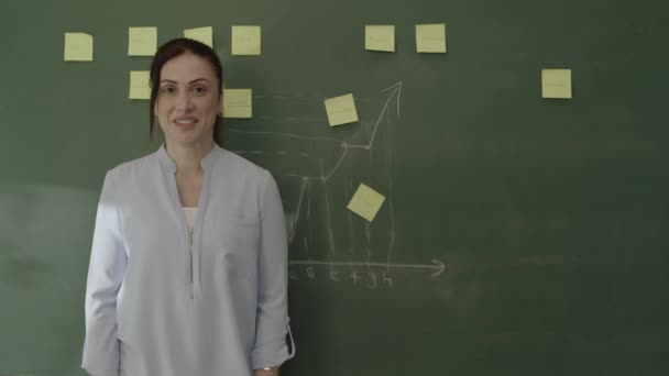 Учительница Стоящая Перед Доской Приклеенными Нотами Меловыми Формулами Математики Улыбается — стоковое видео