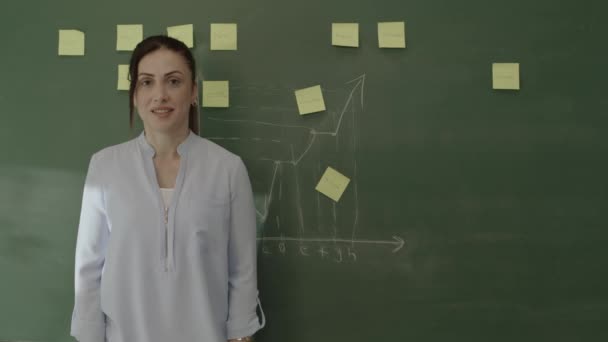 Female Teacher Standing Front Blackboard Pasted Notes Chalked Math Formulas — Stock video
