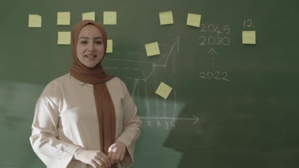 Tesettür Hocası Tahtaya Yapıştırılmış Notlar Tebeşirli Matematik Formülleriyle Öğrencilere Matematik — Stok video