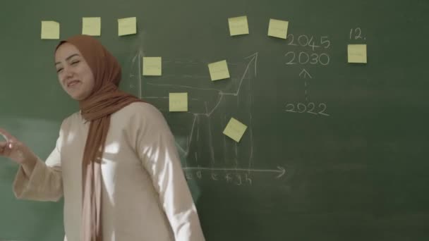 Profesor Hijab Enseña Matemáticas Los Estudiantes Frente Pizarra Con Notas — Vídeo de stock
