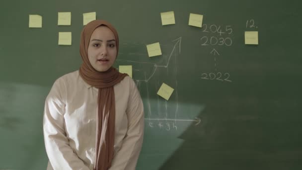 Hidzsábi Tanár Matekot Tanít Diákoknak Tábla Előtt Beillesztett Jegyzetekkel Krétás — Stock videók