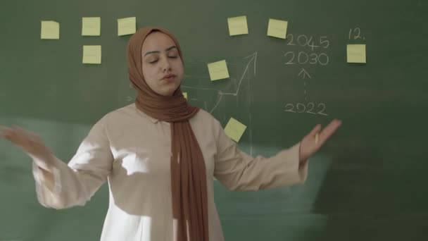 Учитель Хиджабе Преподает Математику Перед Доской Наклеенными Нотами Меловыми Формулами — стоковое видео