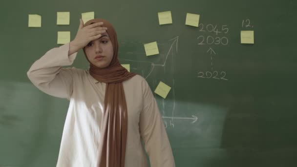 Hijab的老师在黑板前用粘贴的笔记和粉笔画的数学公式教学生数学 在线课堂概念 教师或女商人在研讨会上的画像 — 图库视频影像
