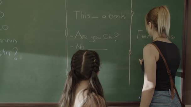 Girl Female Teacher Draw Paint Together Chalkboard Classroom Girl Plays — Αρχείο Βίντεο