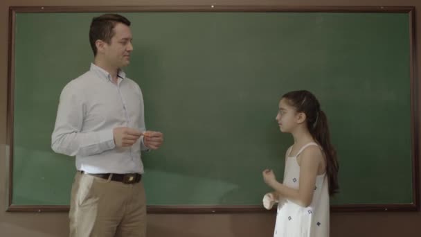 Young Teacher Teaching Math Female Student Blackboard Classroom Portrait Idealistic — Vídeos de Stock