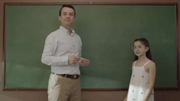Young Teacher Teaching Math Girl Student Blackboard Classroom Portrait Idealistic — Stockvideo