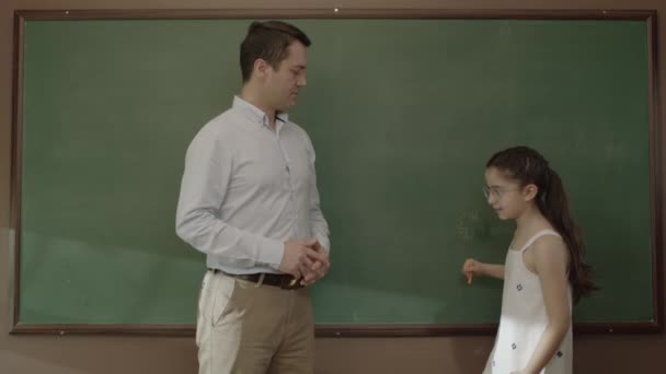 Back School Concept Young Male Teacher Hugging His Student Classroom — Αρχείο Βίντεο