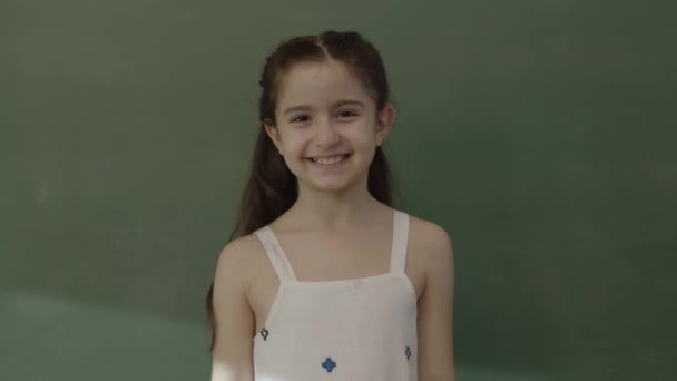 Little Girl Shows Her Arm Muscles Camera Portrait Little Girl — Αρχείο Βίντεο