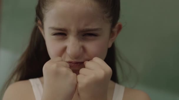 Character Portrait Angry Belligerent Little Girl Little Girl Looking Camera — Vídeo de Stock