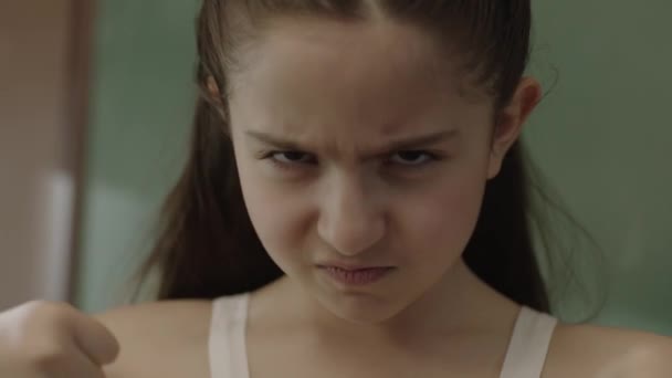 Character Portrait Angry Belligerent Little Girl Little Girl Looking Camera — Vídeo de Stock