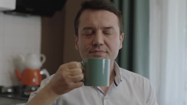 Portrait Satisfied Man Drinking Tea Coffee Kitchen Attractive Man Kitchen — Stock video