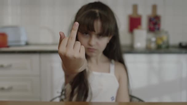 Little Girl Angry Angry Disobedient Bad Behavior Showing Middle Finger — Stock videók