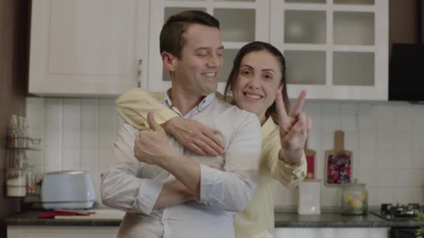 Happy Couple Cooking Taking Selfie Mobile Phone Open White Interior — 图库视频影像