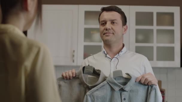 Unable Decide Which Outfit Wear Young Man Asks His Wife — Stock video