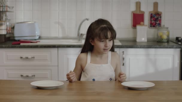 Cute Little Girl Waiting Her Food Kitchen Table She Surprised — Stock videók