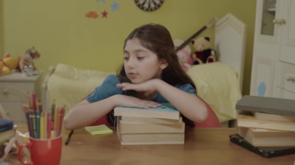 Bored Schoolgirl Lying Table Her Home Looking Pencil Sad Boy — Video