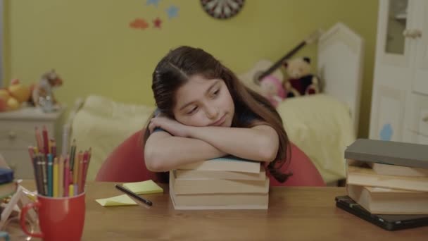 Bored Schoolgirl Lying Table Her Home Looking Pencil Sad Boy — Stok video