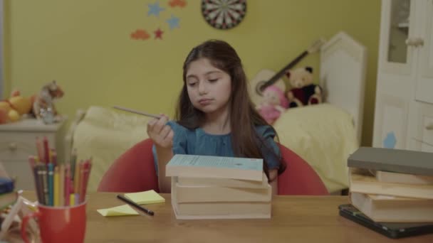 Bored Schoolgirl Lying Table Her Home Looking Pencil Sad Boy — Vídeos de Stock