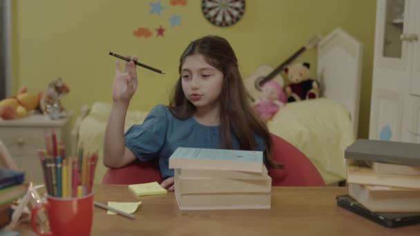 Bored Schoolgirl Lying Table Her Home Looking Pencil Sad Boy — 비디오