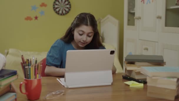 Little Girl School Student Studying Online Home Listening Teachers Video — Stok video