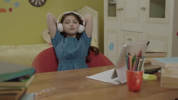 Cute Little Girl Headphones Dancing Singing While Sitting Laptop Little — Vídeo de Stock